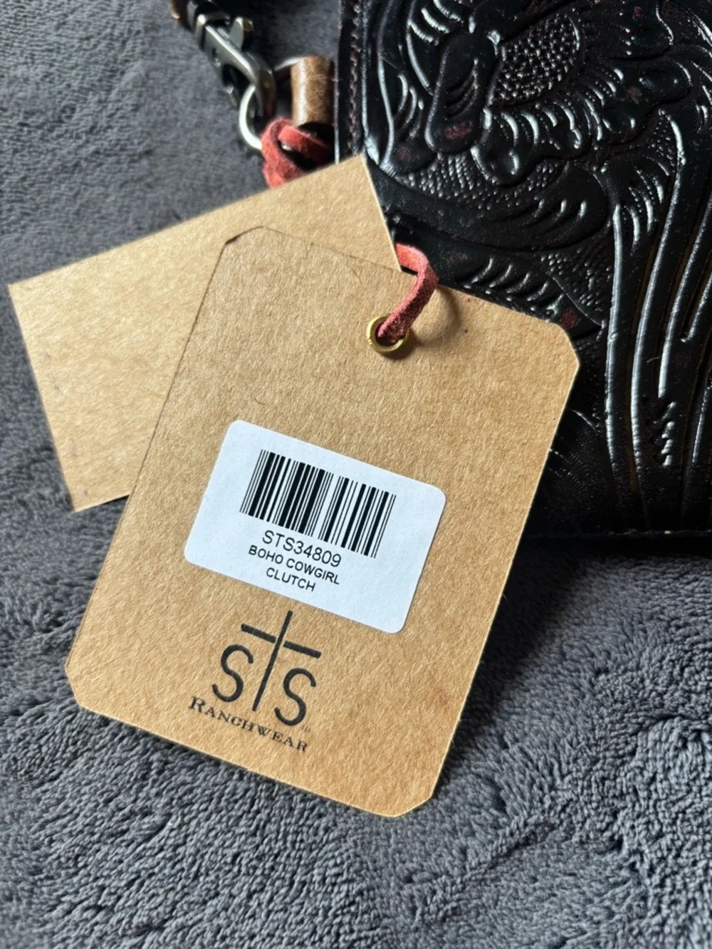 STS Ranchwear Brown and Black Tooled Leather Wristlet Clutch